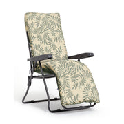 Leaf-patterned recliner chair with black frame, ideal for living room relaxation