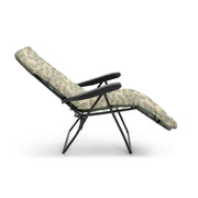 Leaf-patterned recliner chair with black frame, ideal for garden or patio relaxation