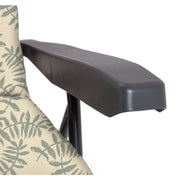Sofa armrest with leaf-patterned fabric and dark grey padded support, luxury living room furniture detail