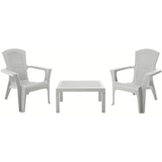 White plastic outdoor patio set with two armchairs and a square table, ideal for garden or balcony use.