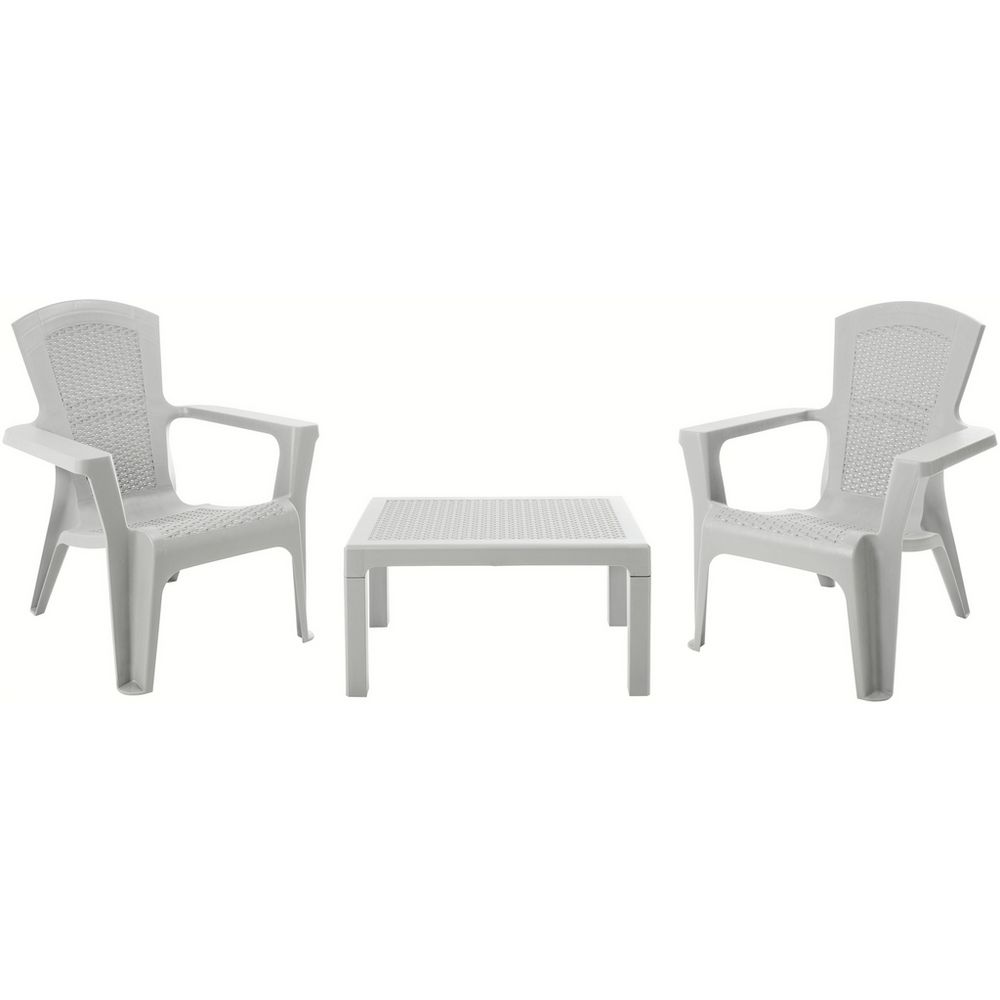 White plastic outdoor patio set with two armchairs and a square table, ideal for garden or balcony use.