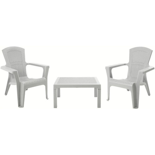 White plastic outdoor patio set with two armchairs and a square table, ideal for garden or balcony use.