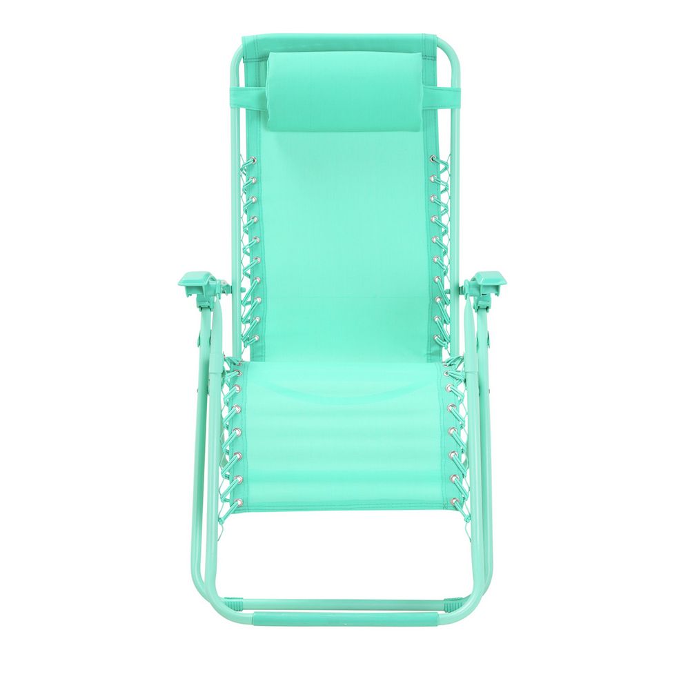 Mint green outdoor lounge chair with adjustable recline and side pockets, perfect for patio or garden relaxation.