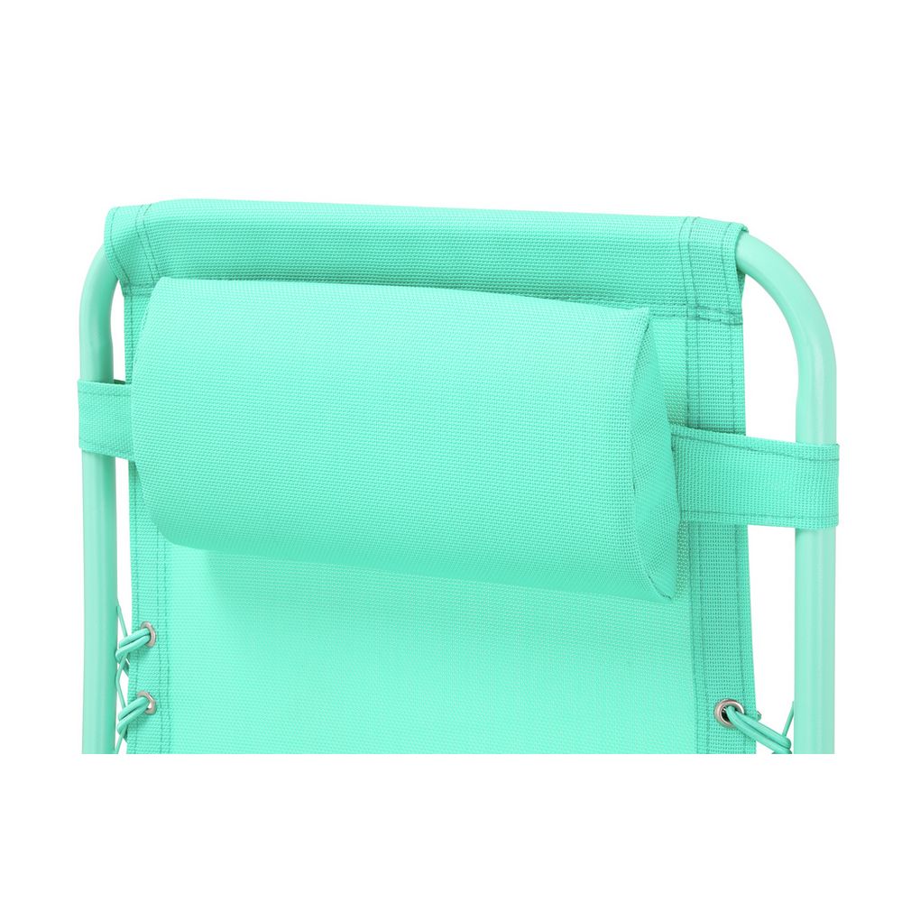 Mint green outdoor lounge chair with padded backrest and metal frame