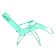 Mint green foldable lounge chair with adjustable recline and headrest, ideal for patio or garden relaxation.