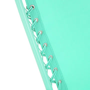 Mint green outdoor lounge chair with woven fabric and metal grommets, perfect for patio relaxation.