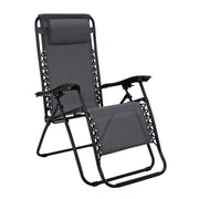 Black zero gravity lounge chair with padded headrest and adjustable recline for outdoor relaxation