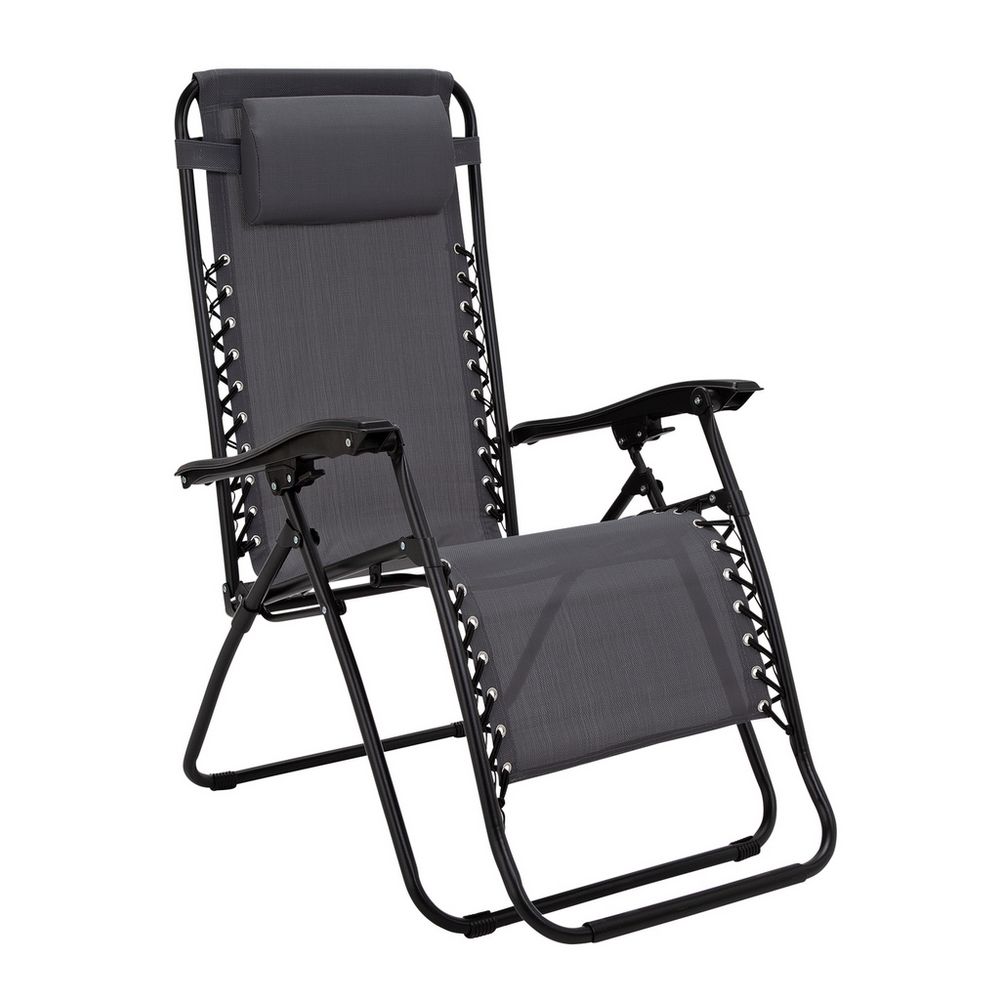 Black zero gravity lounge chair with padded headrest and adjustable recline for outdoor relaxation