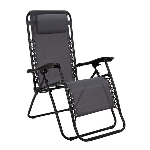 Black zero gravity lounge chair with padded headrest and adjustable recline for outdoor relaxation