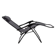 Black zero gravity recliner chair with head pillow, ideal for outdoor relaxation and comfort.