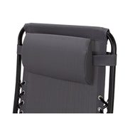 Grey fabric lounge chair with black metal frame and adjustable backrest