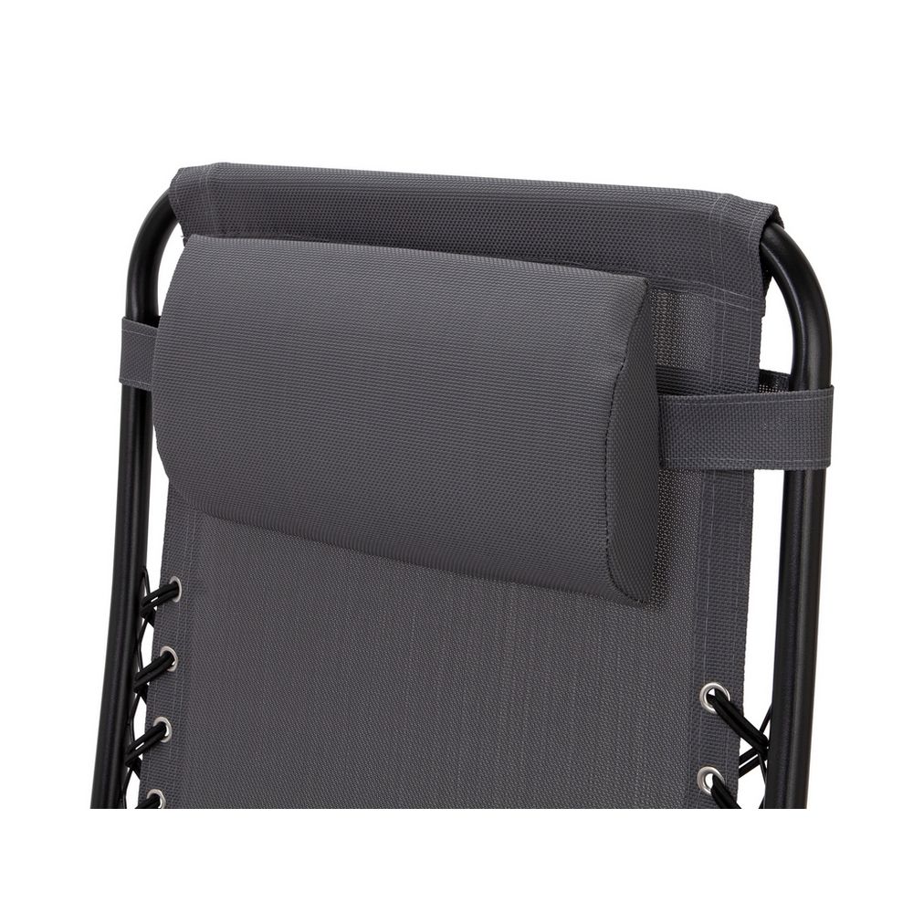 Grey fabric lounge chair with black metal frame and adjustable backrest