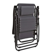 Grey fabric folding lounge chair with black metal frame and adjustable backrest
