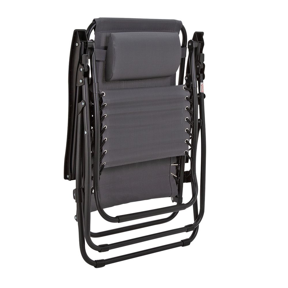 Grey fabric folding lounge chair with black metal frame and adjustable backrest