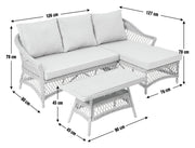 White wicker outdoor sofa set with chaise lounge and coffee table, dimensions shown