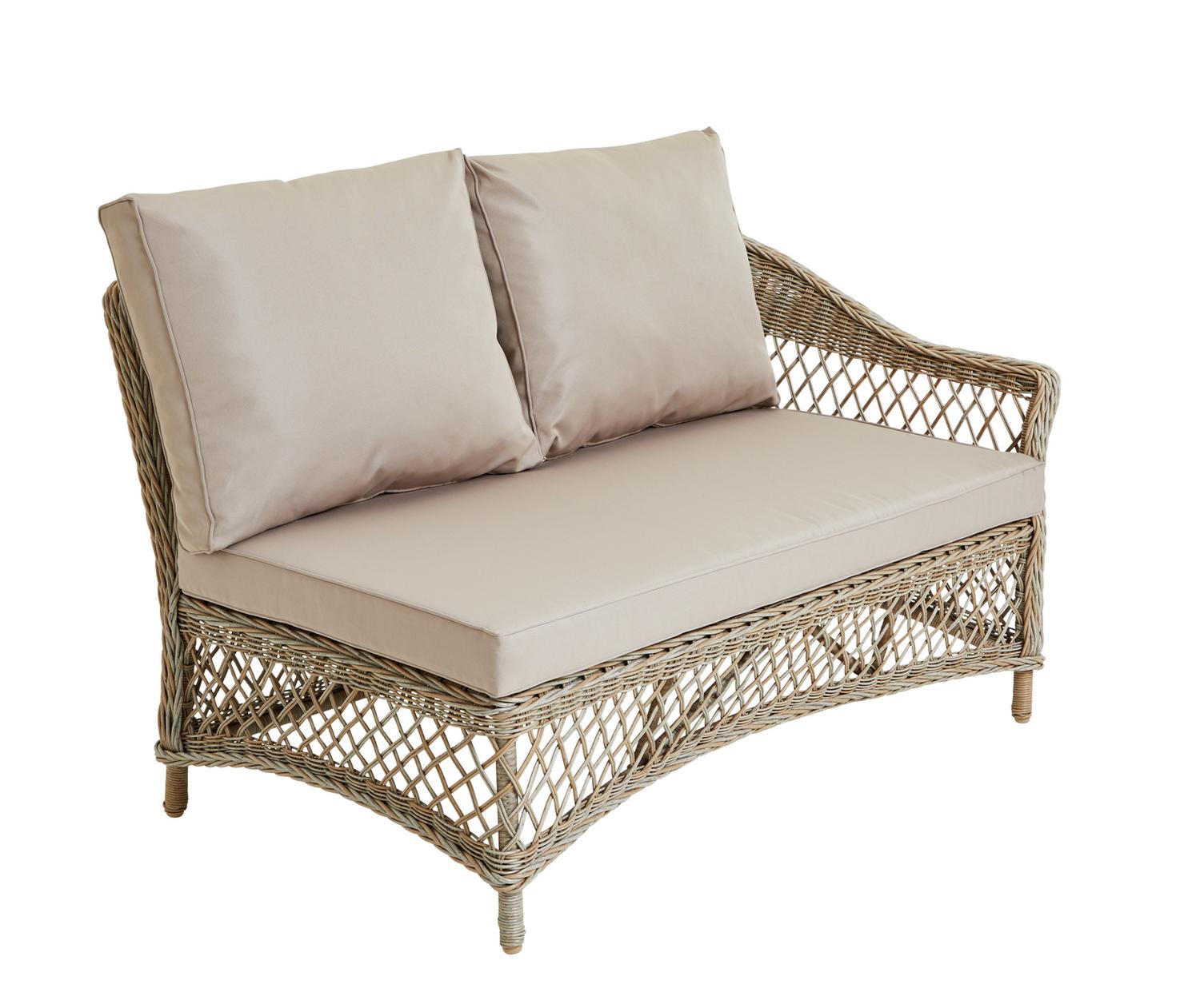 Wicker outdoor sofa with beige cushions, perfect for patio or garden seating
