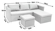 White wicker sectional sofa with ottoman, dimensions shown, luxury outdoor furniture