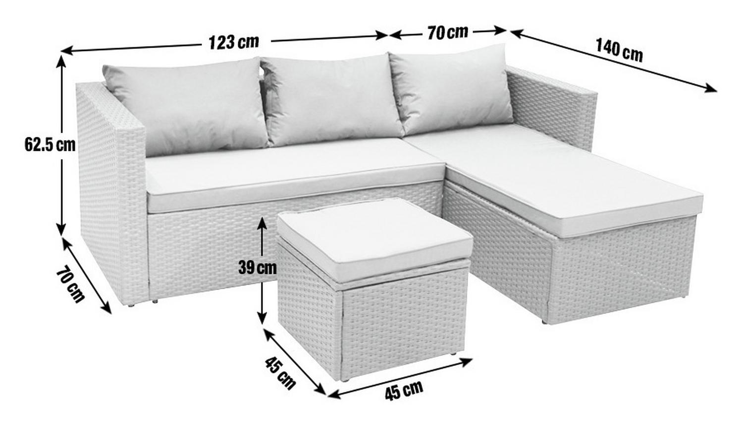 White wicker sectional sofa with ottoman, dimensions shown, luxury outdoor furniture