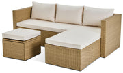 Wicker outdoor sofa set with cream cushions and matching ottomans, perfect for patio or garden seating.