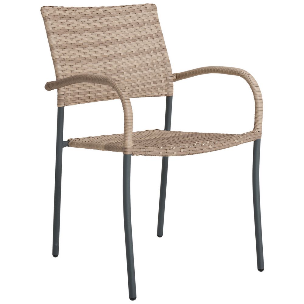Beige woven outdoor armchair with dark metal frame, perfect for patio or garden seating