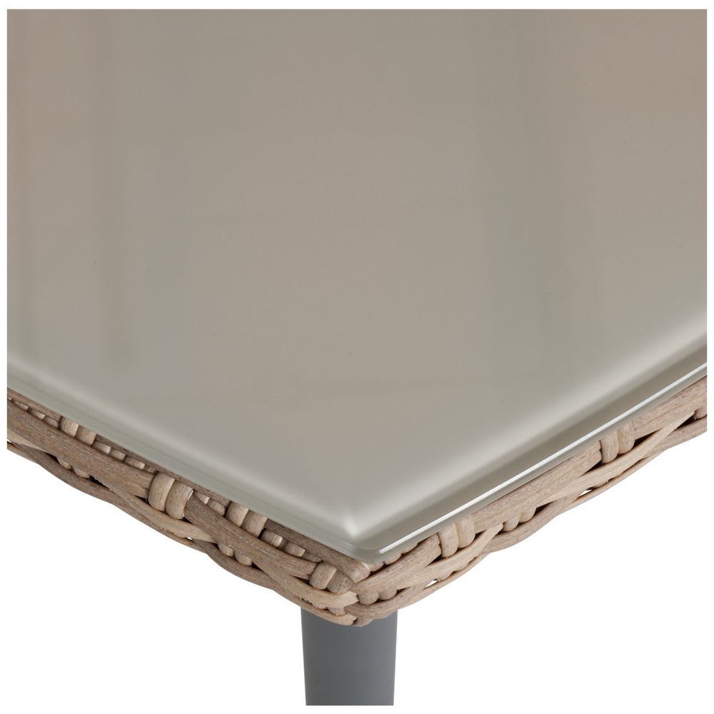 Wicker side table with beige glass top and grey leg, modern living room furniture