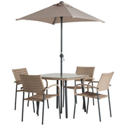 Outdoor wicker dining set with glass table, 4 chairs, and beige umbrella for patio or garden use