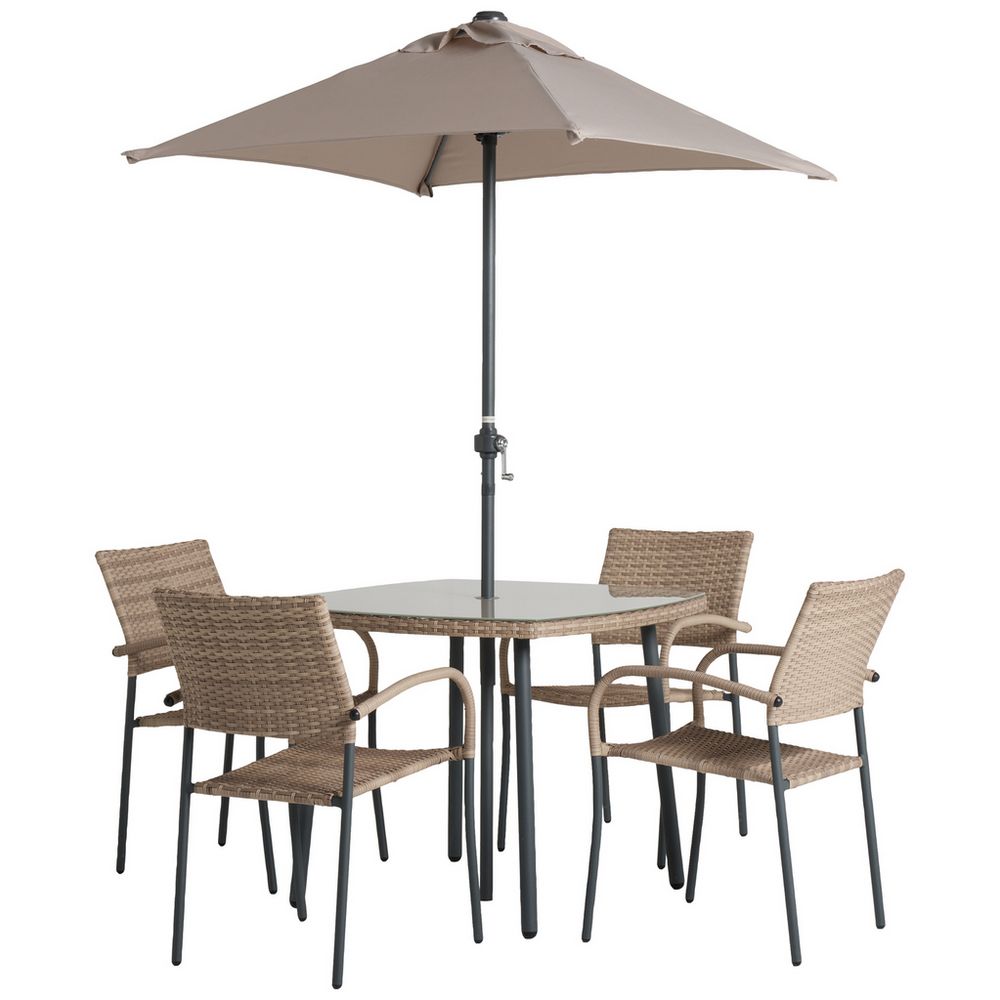 Outdoor wicker dining set with glass table, 4 chairs, and beige umbrella for patio or garden use