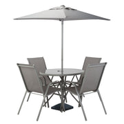 Grey outdoor dining set with 4 chairs, round table, and large umbrella for patio or garden use