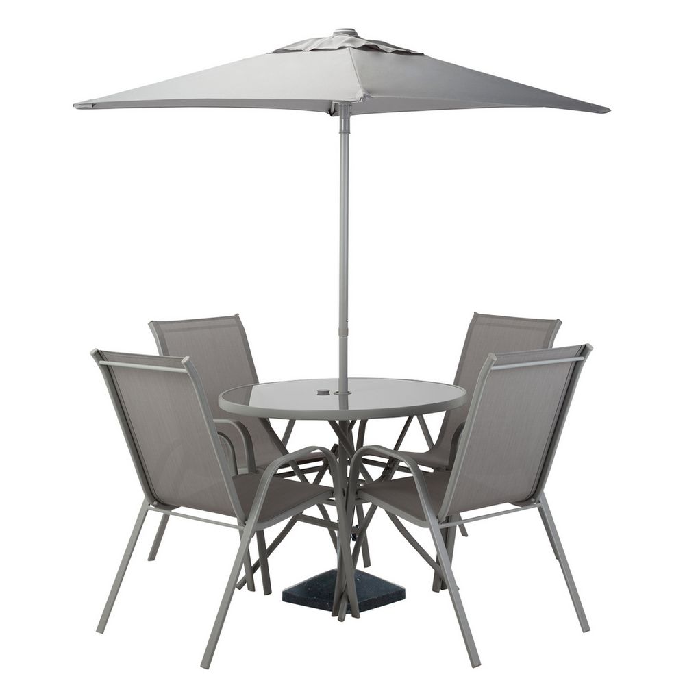Grey outdoor dining set with 4 chairs, round table, and large umbrella for patio or garden use