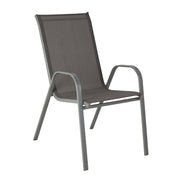 Grey outdoor dining chair with mesh seat and back, metal frame for patio or garden use
