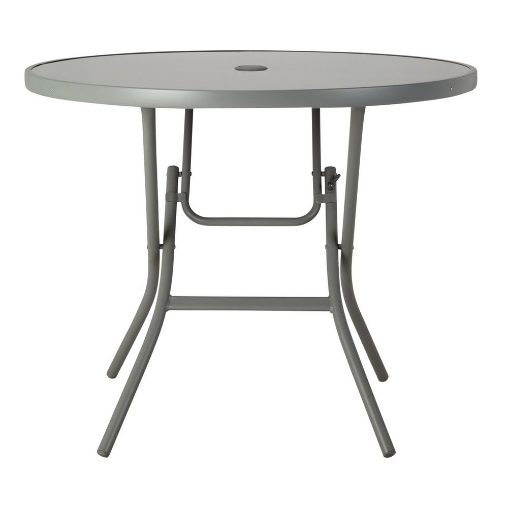 Grey round folding outdoor table with umbrella hole, ideal for patios and gardens
