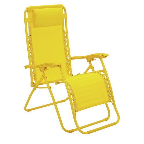Bright yellow outdoor recliner chair with adjustable back and armrests, perfect for garden relaxation.