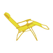 Bright yellow outdoor lounge chair with adjustable recline and padded headrest