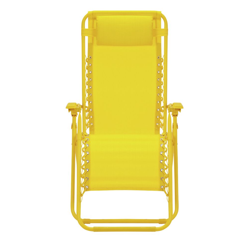 Bright yellow outdoor lounge chair with adjustable recline and armrests, perfect for patio or garden relaxation.