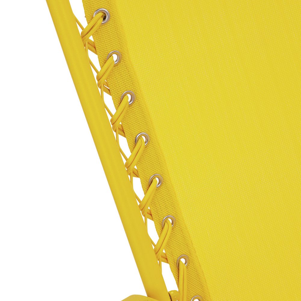 Vibrant yellow lounge chair with woven rope detailing and metal grommets, perfect for modern outdoor spaces.