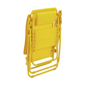 Bright yellow foldable outdoor lounge chair with padded back and seat, perfect for garden or patio relaxation.