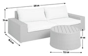 Grey wicker outdoor sofa set with white cushions and round coffee table, dimensions shown