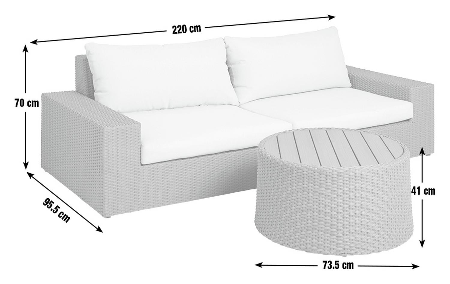 Grey wicker outdoor sofa set with white cushions and round coffee table, dimensions shown