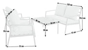 White outdoor sofa set with armchair, coffee table, and dimensions for patio furniture