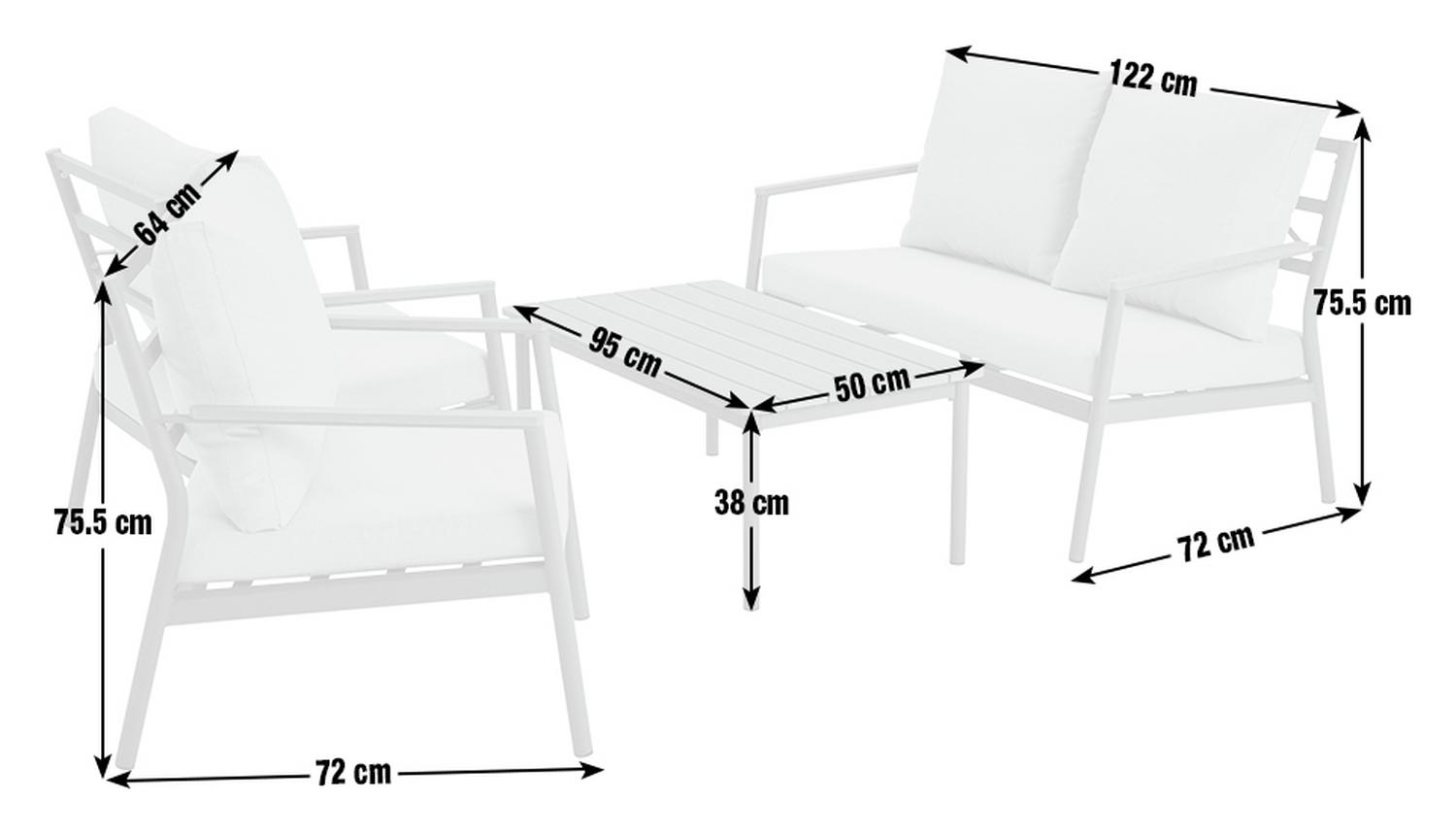 White outdoor sofa set with armchair, coffee table, and dimensions for patio furniture