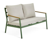Modern two-seater sofa with olive green metal frame and beige cushions, ideal for luxury living spaces