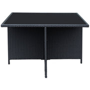 Black wicker outdoor table with glass top, perfect for patio or garden dining