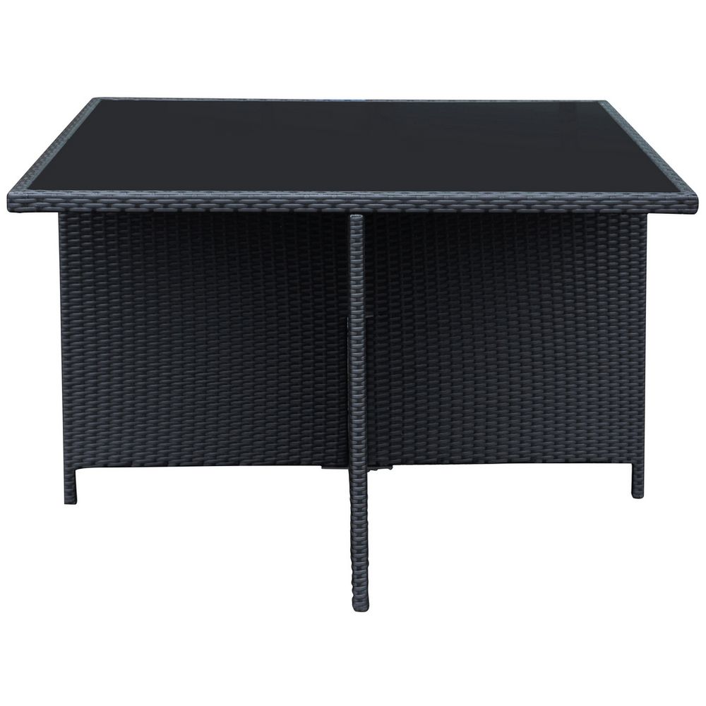 Black wicker outdoor table with glass top, perfect for patio or garden dining