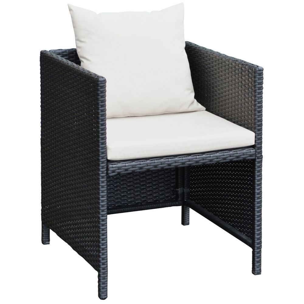 Black wicker outdoor armchair with cream cushions, perfect for patio or garden seating