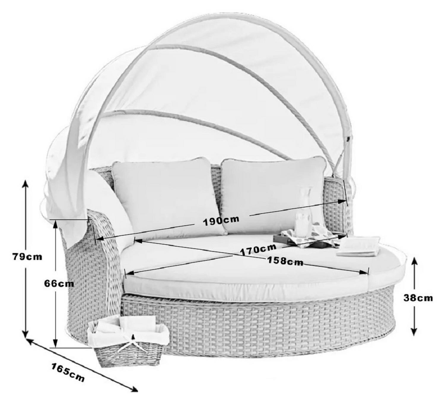 Round wicker daybed with canopy, white cushions, and dimensions shown for outdoor luxury seating
