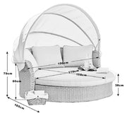 Round wicker daybed with canopy, white cushions, and dimensions shown for outdoor luxury seating