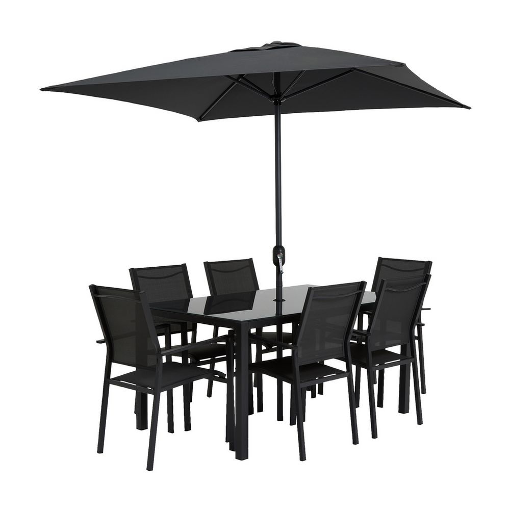 Black outdoor dining set with glass table, 6 chairs, and large patio umbrella for garden or terrace use