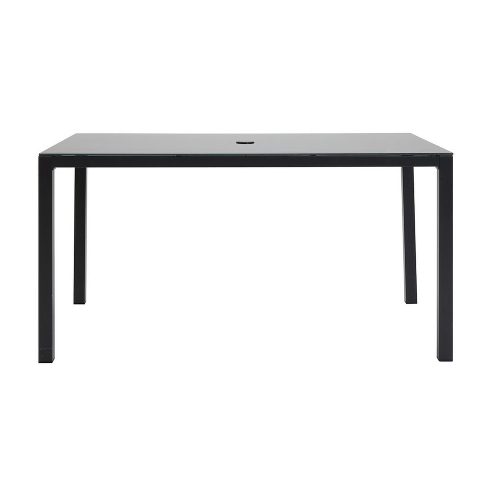 Modern black glass dining table with sleek metal legs, minimalist design for contemporary homes