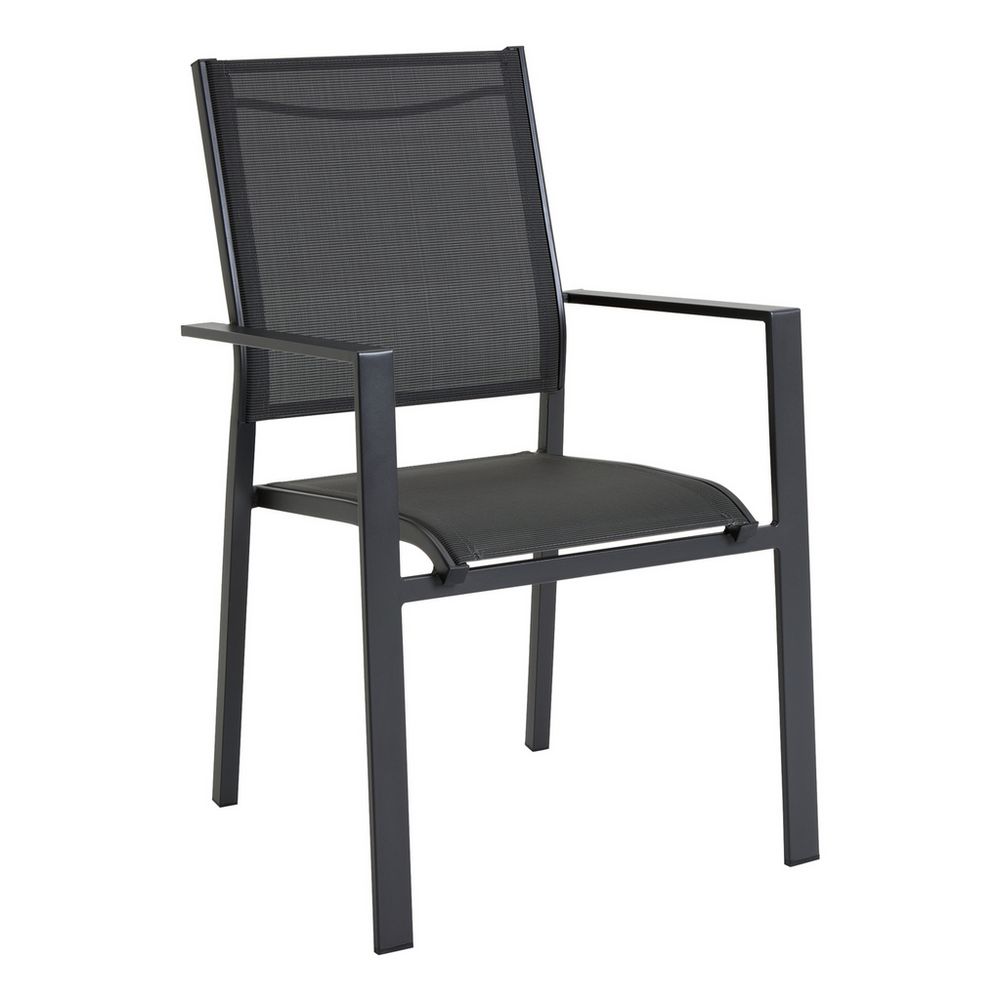 Black outdoor dining chair with mesh back and armrests, modern patio furniture