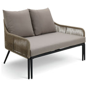 Modern outdoor sofa with beige cushions and woven frame, ideal for patio or garden seating